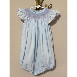 Anavini Smocked Bubble Romper Toddler 24M Blue Gingham Pink Bow Flutter Sleeve